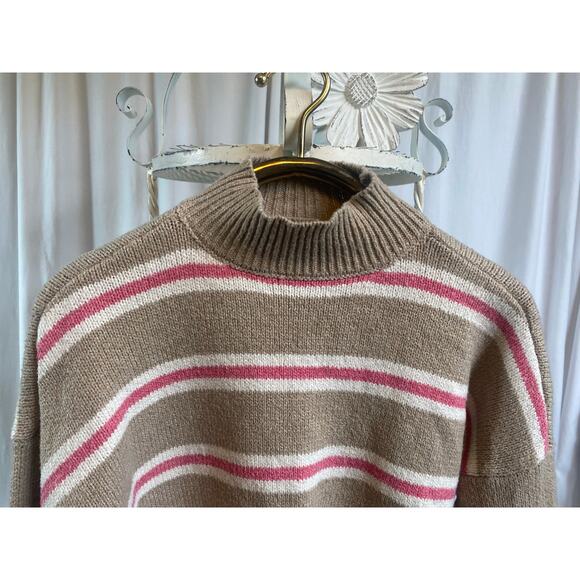 Forever 21 Sweater Cropped Knit Crewneck striped, pink white tan Size Small - Picture 3 of 8